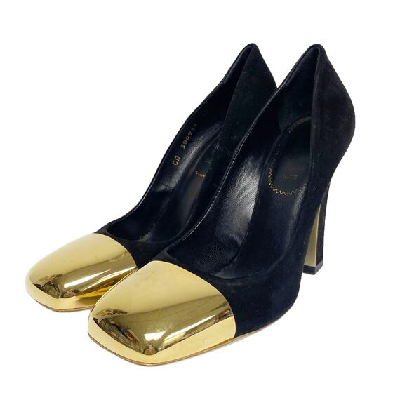 YSL Yves Saint Laurent Womens Size 8 Mae Gold Cap Square Toe Pumps - Picture 1 of 9